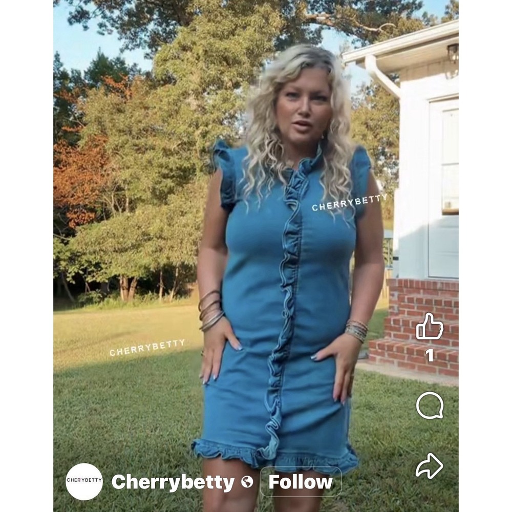 Cherry Betty Ruffled Denim Dress Blue V-Neck Midi Sleeveless Retro 90s Size S 4 - Picture 10 of 11